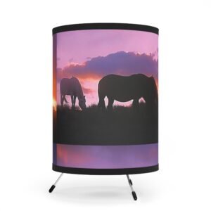 Horse Sunset Tripod Lamp — Printed Lampshade with Pastel Sunrise Silhouette