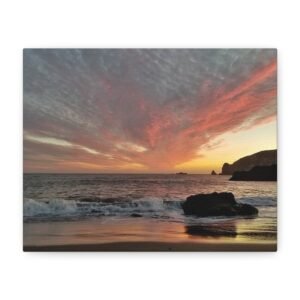 Sunset Beach Canvas Print — Dramatic Orange Sky Seascape, Matte Stretched Wall Art